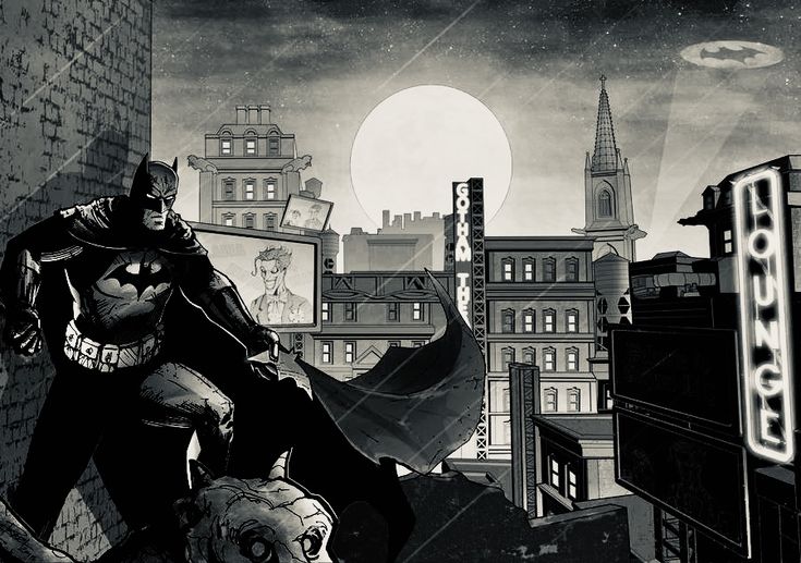 Batman in Gotham City, black and white illustration.
