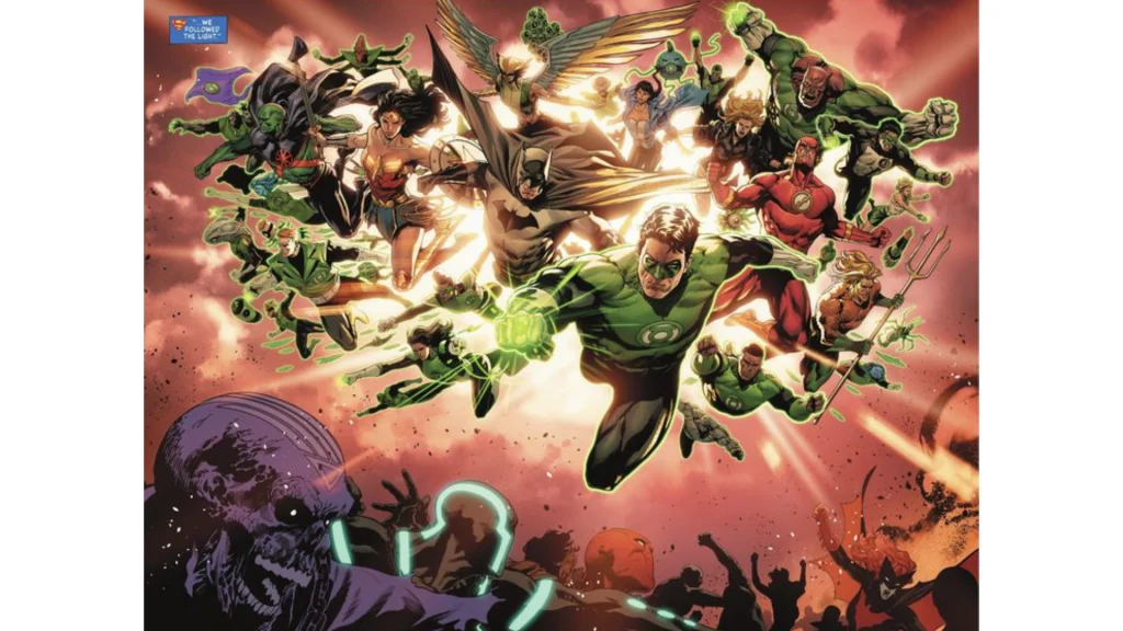 DC Comics superheroes, including Batman, Wonder Woman, Green Lantern, and the Flash, battling villains in a dramatic comic book scene.

