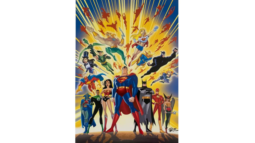Justice League cartoon artwork featuring Superman, Batman, Wonder Woman, and other superheroes.
