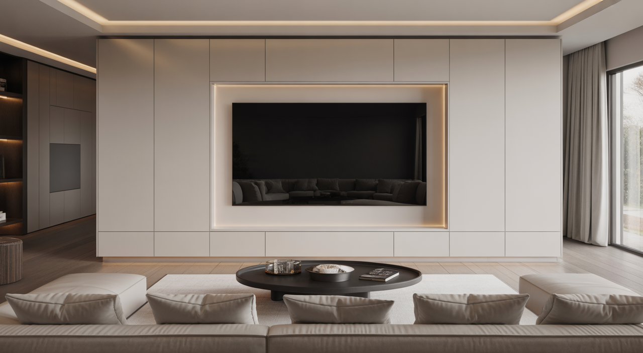 Modern living room with a professionally installed, sleek media wall integrated with a large flat-screen television and minimalist storage, reflecting a sophisticated home entertainment setup.